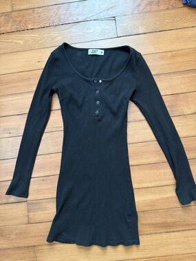 Tiger Mist Black Ribbed Henley Scoop Neck Mini Dress